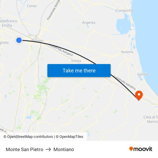 Monte San Pietro to Montiano map