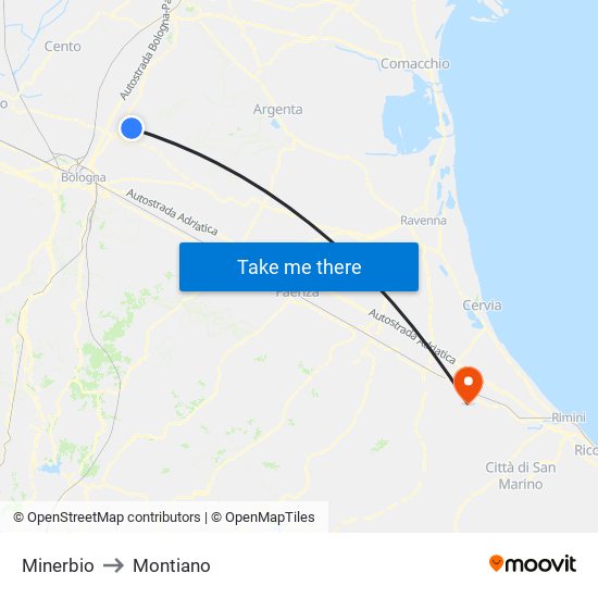 Minerbio to Montiano map