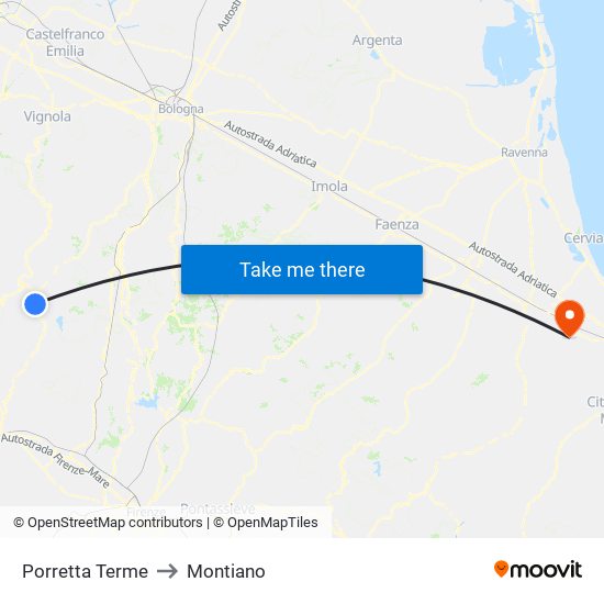 Porretta Terme to Montiano map