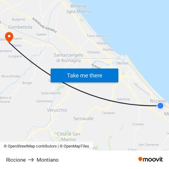 Riccione to Montiano map