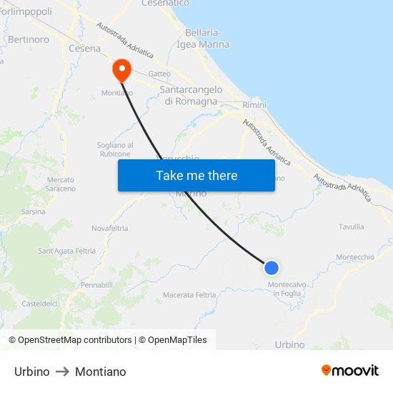 Urbino to Montiano map