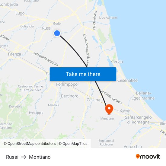 Russi to Montiano map