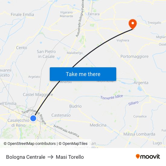 Bologna Centrale to Masi Torello map