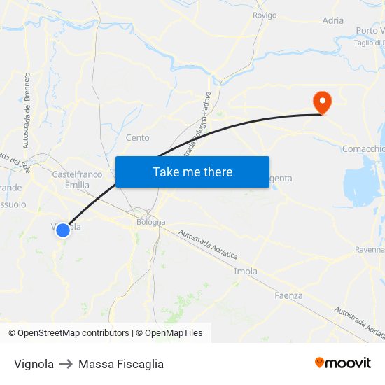 Vignola to Massa Fiscaglia map