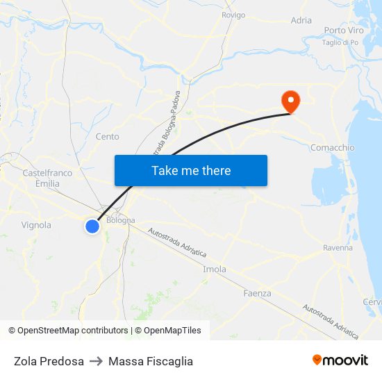 Zola Predosa to Massa Fiscaglia map