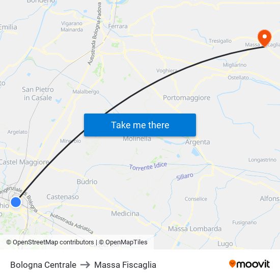 Bologna Centrale to Massa Fiscaglia map