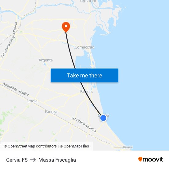 Cervia FS to Massa Fiscaglia map
