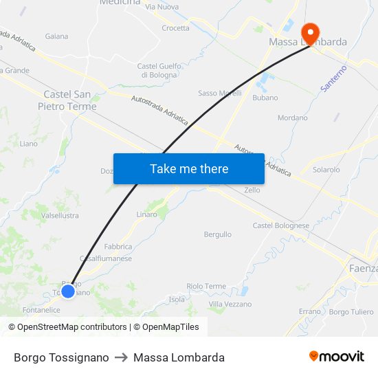 Borgo Tossignano to Massa Lombarda map