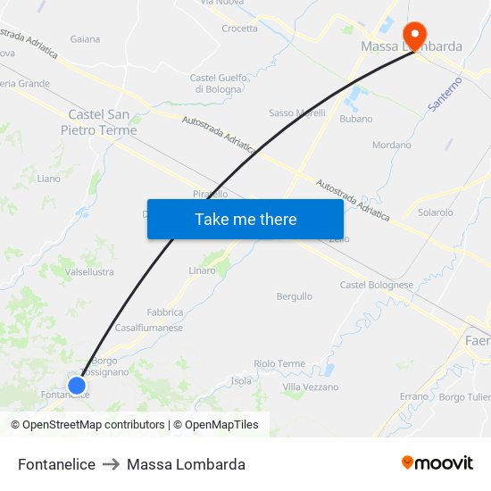 Fontanelice to Massa Lombarda map