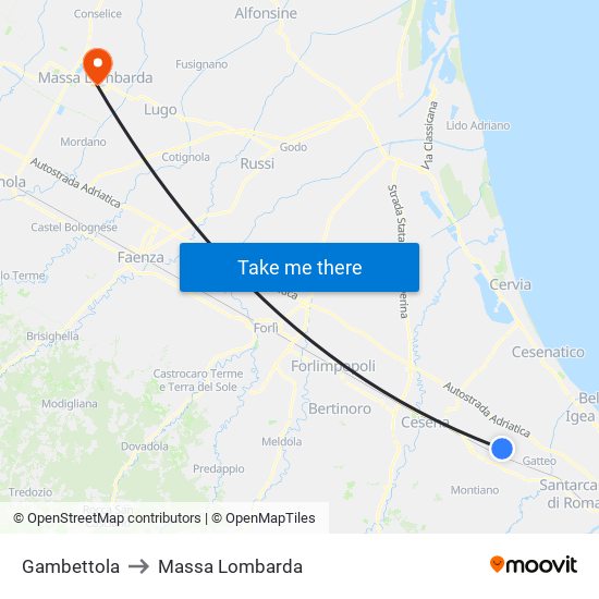 Gambettola to Massa Lombarda map