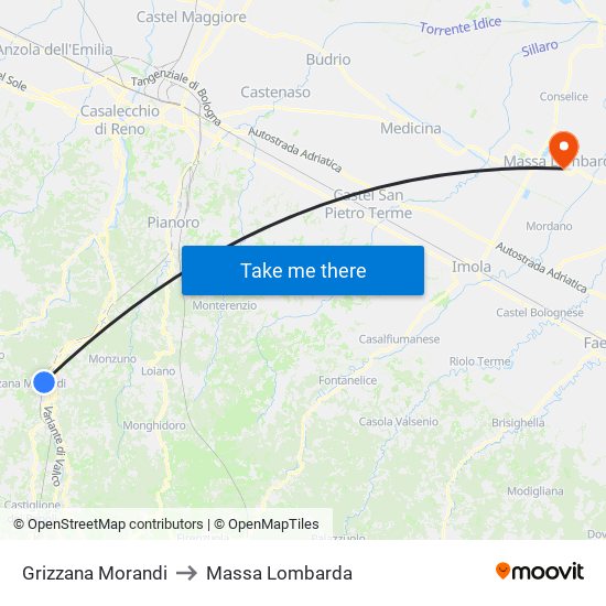 Grizzana Morandi to Massa Lombarda map