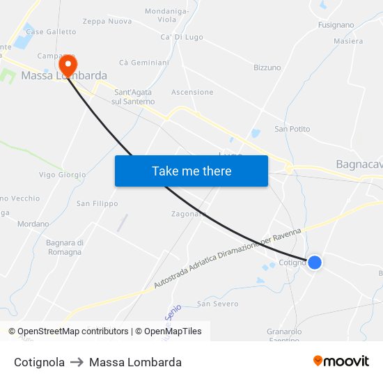 Cotignola to Massa Lombarda map