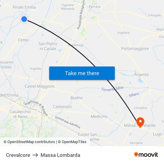 Crevalcore to Massa Lombarda map