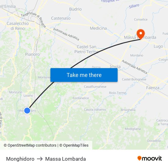 Monghidoro to Massa Lombarda map