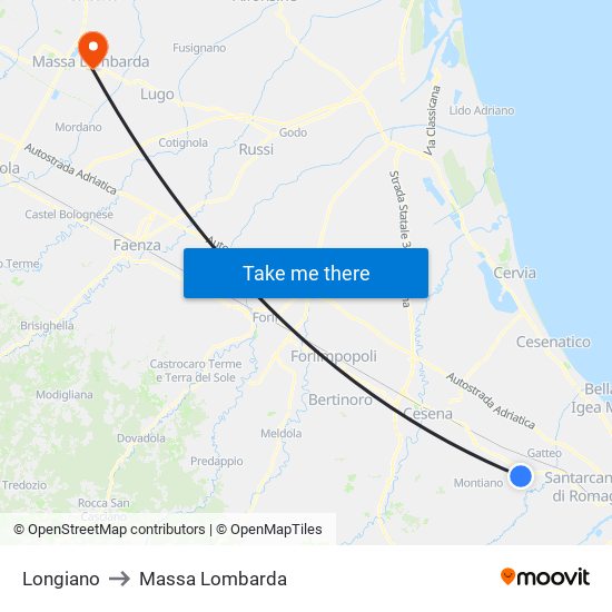 Longiano to Massa Lombarda map