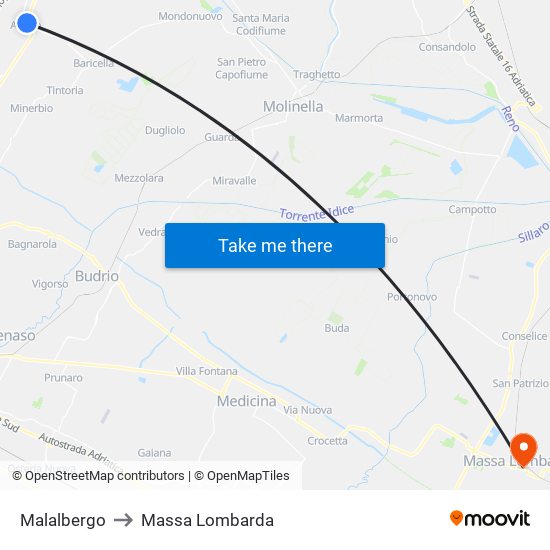 Malalbergo to Massa Lombarda map