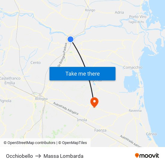 Occhiobello to Massa Lombarda map