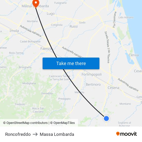 Roncofreddo to Massa Lombarda map