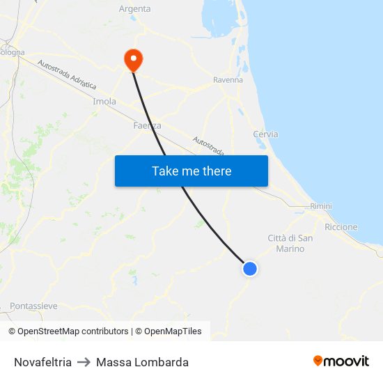 Novafeltria to Massa Lombarda map