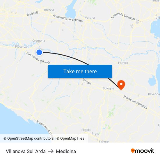 Villanova Sull'Arda to Medicina map
