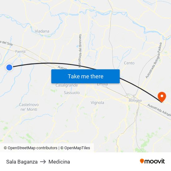 Sala Baganza to Medicina map