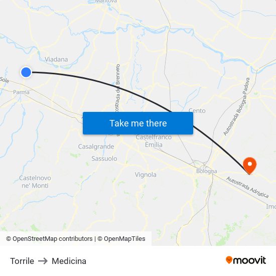 Torrile to Medicina map