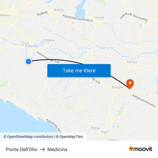 Ponte Dell'Olio to Medicina map