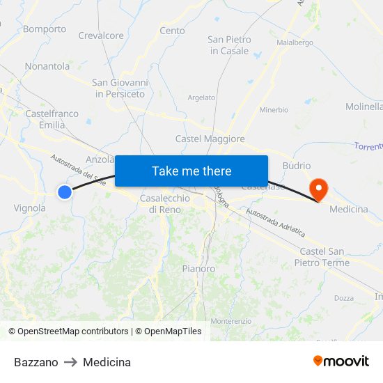 Bazzano to Medicina map