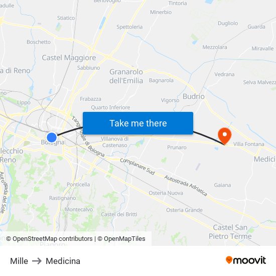 Mille to Medicina map