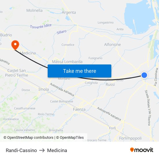 Randi-Cassino to Medicina map