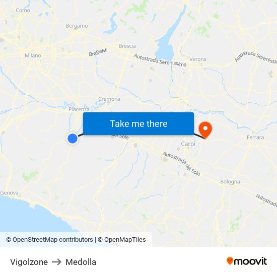 Vigolzone to Medolla map