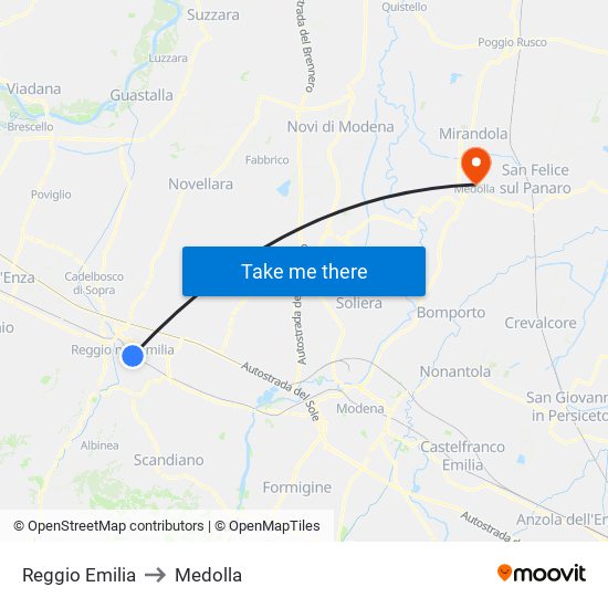 Reggio Emilia to Medolla map