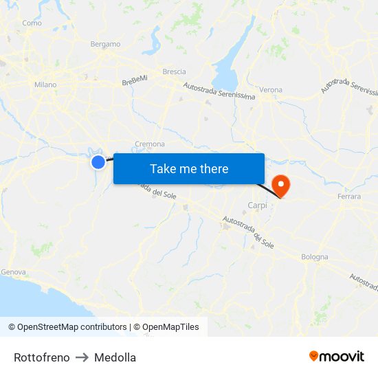 Rottofreno to Medolla map