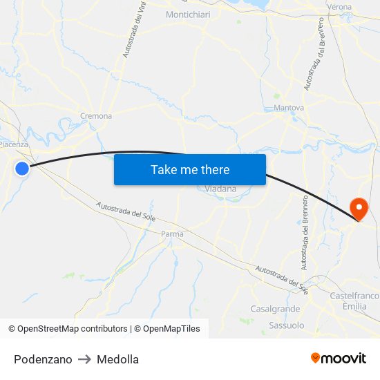 Podenzano to Medolla map