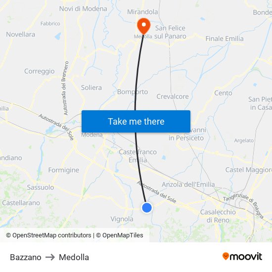 Bazzano to Medolla map