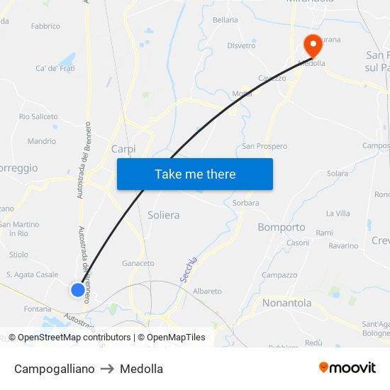 Campogalliano to Medolla map