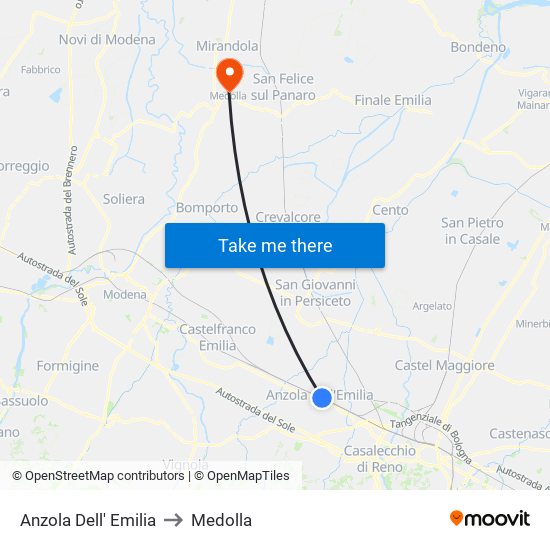 Anzola Dell' Emilia to Medolla map