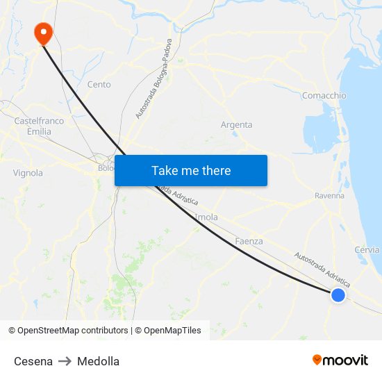 Cesena to Medolla map