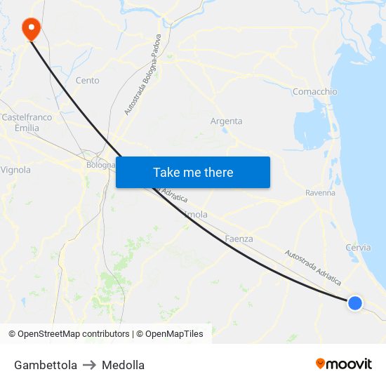 Gambettola to Medolla map