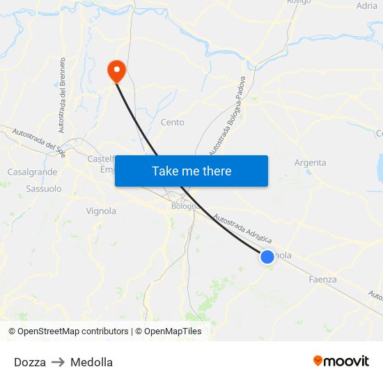 Dozza to Medolla map