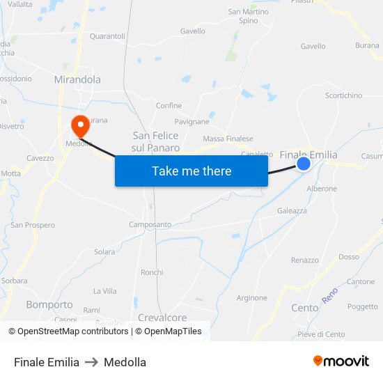 Finale Emilia to Medolla map