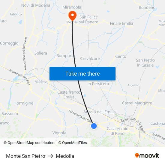 Monte San Pietro to Medolla map