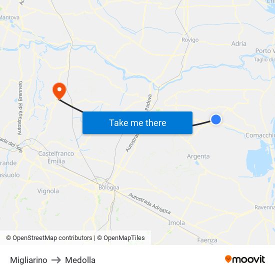 Migliarino to Medolla map