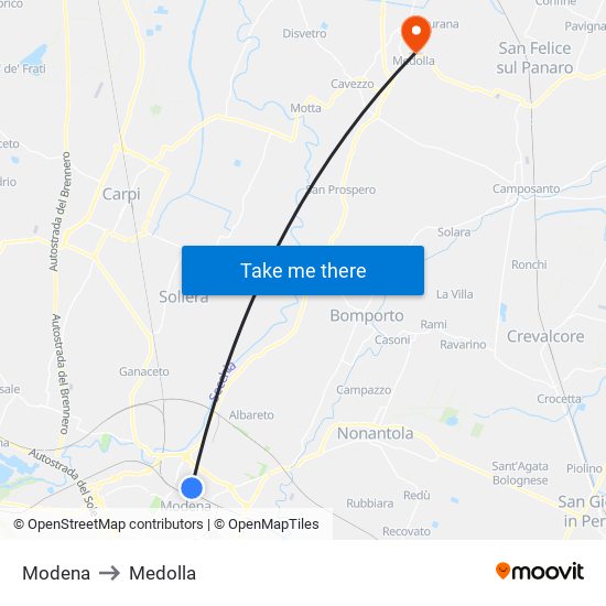 Modena to Medolla map