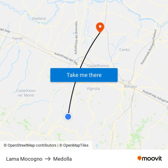 Lama Mocogno to Medolla map