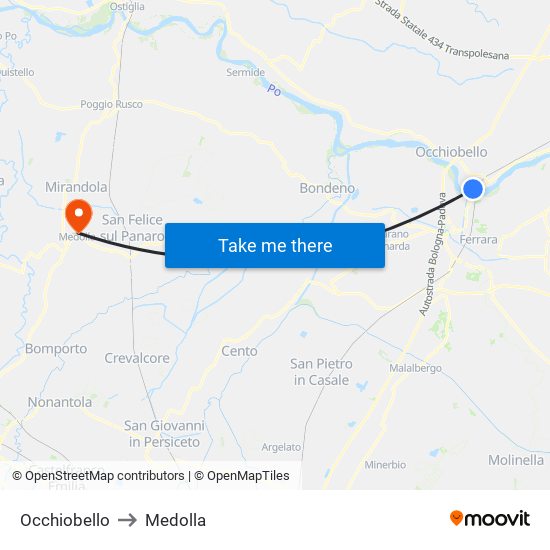 Occhiobello to Medolla map
