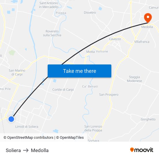 Soliera to Medolla map