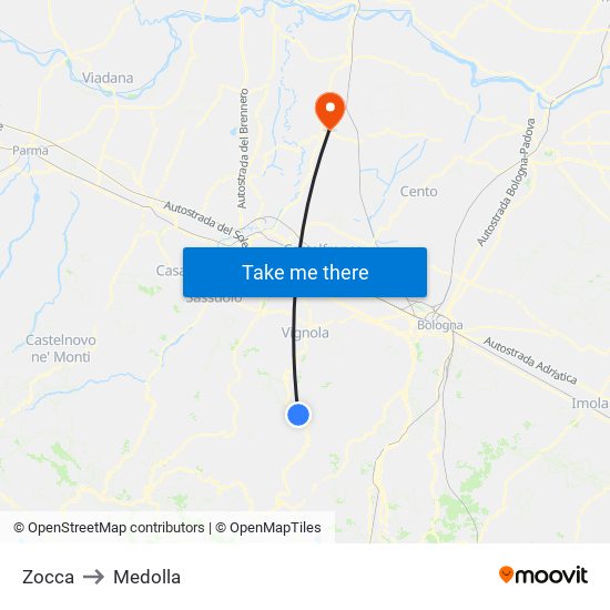 Zocca to Medolla map