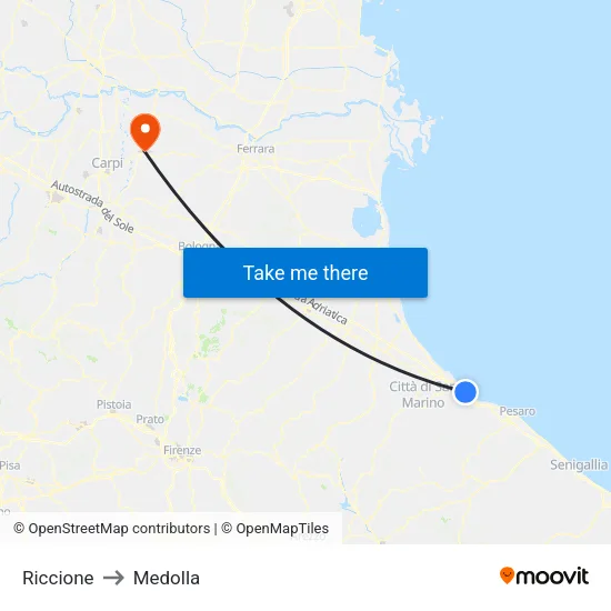 Riccione to Medolla map