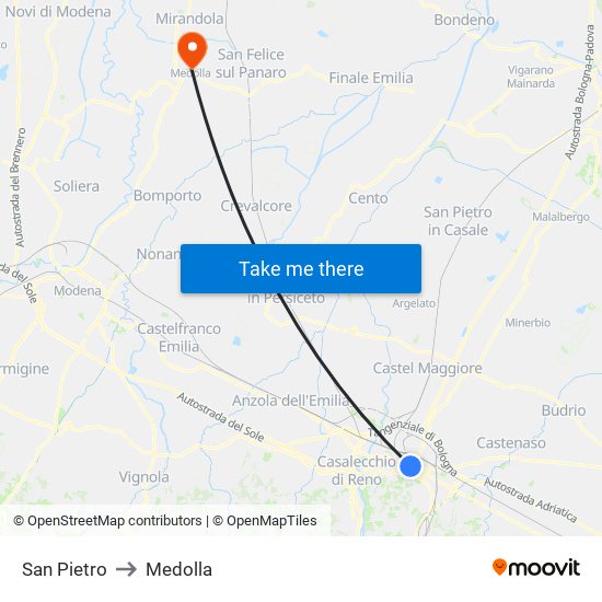 San Pietro to Medolla map